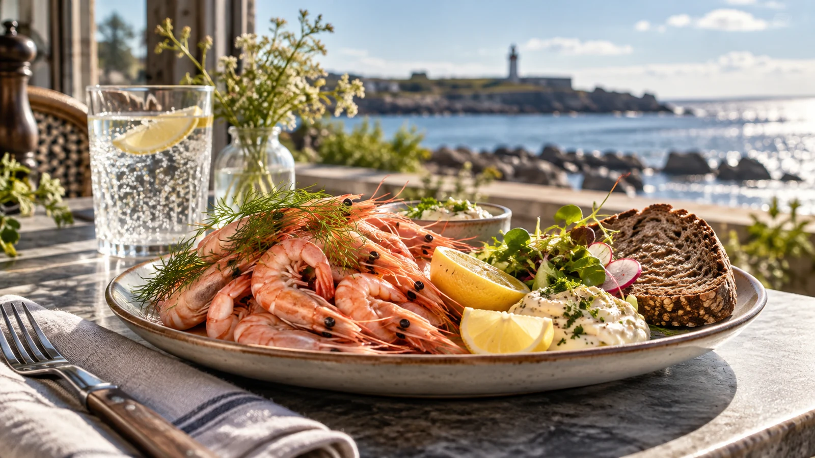 AI-genererad matbild med västkustinspirerad måltid; inte en restaurangs faktiska meny